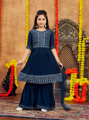 Sangria Girls Festive & Party Kurta and Sharara Set(Blue Pack of 1)