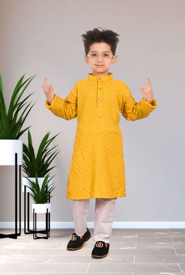 ZARTAJ Boys Festive & Party Kurta and Pyjama Set(Yellow Pack of 1)