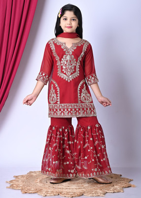 HURIYAT AKHTIARIK Girls Festive & Party Kurta, Pyjama & Dupatta Set(Maroon Pack of 3)