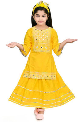 HrCollection Girls Casual Kurta and Skirt Set(Yellow Pack of 1)