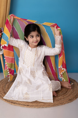barkatdesigningplanet Girls Festive & Party Kurta and Pyjama Set(White Pack of 1)