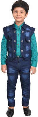 KIDZWING Boys Festive & Party Shirt, Waistcoat and Pant Set(Blue Pack of 1)