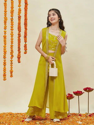 Curly Tales Girls Festive & Party Ethnic Jacket, Blouse and Palazzo Set(Green Pack of 1)