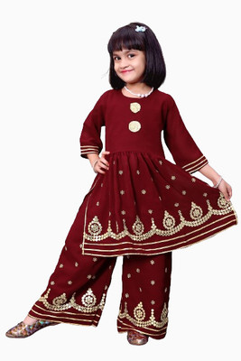 ALMS TRENDZ Baby Girls Festive & Party Kurta and Palazzo Set(Maroon Pack of 1)