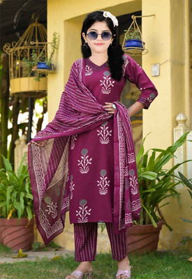 Mitukart Girls Casual Churidar and Dupatta Set(Purple Pack of 3)