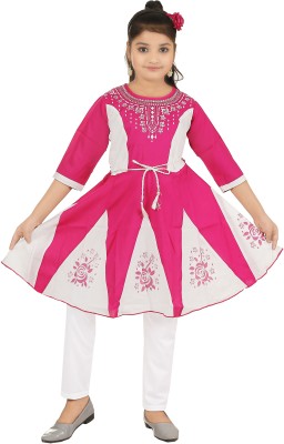 Style Stop Girls Festive & Party Kurti and Legging Set(Pink Pack of 1)