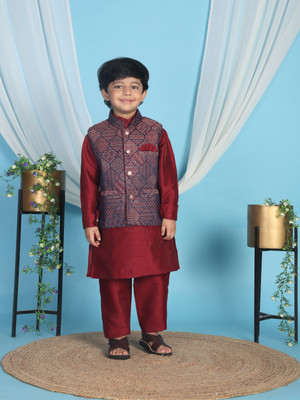 PRO ETHIC Boys Festive & Party Kurta, Waistcoat and Pyjama Set(Maroon Pack of 1)