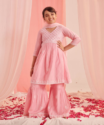 Pspeaches Girls Festive & Party Kurta, Pyjama & Dupatta Set(Pink Pack of 1)