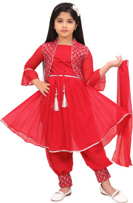 TODAY F Girls Casual Kurti, Patiala and Dupatta Set(Red Pack of 1)