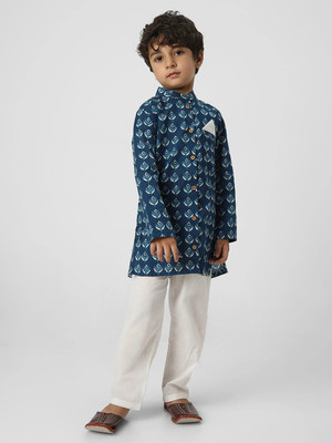 NautiNati Boys Festive & Party Kurta and Pyjama Set(Blue Pack of 1)
