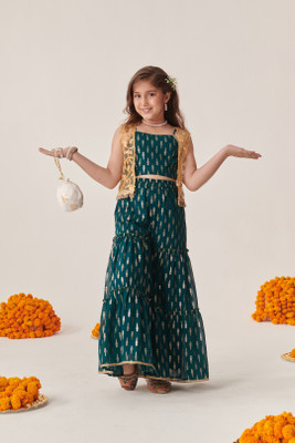 Pspeaches Girls Festive & Party Kurta and Palazzo Set(Blue Pack of 1)