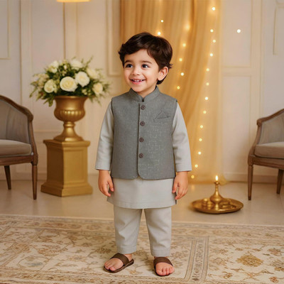 Kidbea Boys Festive & Party Kurta and Pyjama Set(Beige Pack of 1)