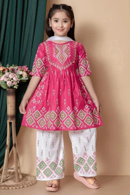 NFASHION Girls Festive & Party Kurta, Pyjama & Dupatta Set(Pink Pack of 1)
