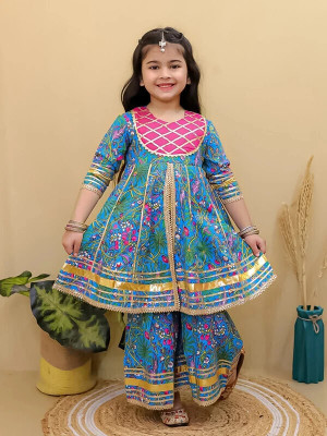 Superminis Girls Festive & Party Angarkha and Sharara Set(Multicolor Pack of 1)