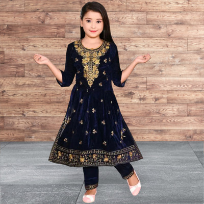 RN DRESSES Girls Festive & Party Kurta and Pyjama Set(Dark Blue Pack of 1)