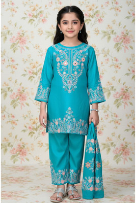 hotfashiondress Girls Casual Kurta, Pyjama & Dupatta Set(Light Blue Pack of 1)