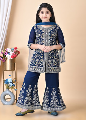 LASKARFASHION Girls Festive & Party Kurta, Churidar & Dupatta Set(Blue Pack of 1)
