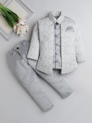 Fourfolds Boys Festive & Party Blazer and Pant Set(Grey Pack of 1)