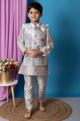 Bright Garments Dresses Boys Festive & Party Kurta, Waistcoat and Pyjama Set(Silver Pack of 1)