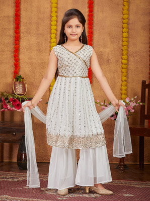 Sangria Girls Festive & Party Kurta and Sharara Set(White Pack of 1)