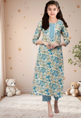Various Vault Girls Festive & Party Kurta and Pyjama Set(Light Blue Pack of 1)
