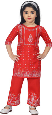 LINKKART FASHION Girls Festive & Party Kurta and Trouser Set(Red Pack of 1)