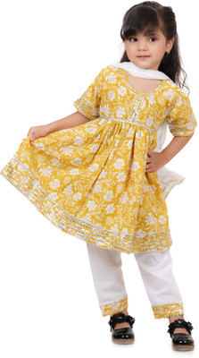 ANNA Girls Festive & Party Kurta and Trouser Set(Yellow Pack of 1)