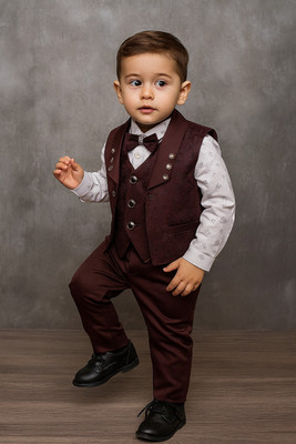 Anishka Creation Boys Festive & Party, Wedding Shirt, Waistcoat and Pant Set(Maroon Pack of 1)