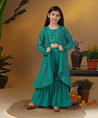 Fashion Dream Girls Festive & Party Ethnic Jacket, Blouse and Palazzo Set(Green Pack of 1)