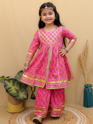Superminis Girls Festive & Party Angarkha and Sharara Set(Pink Pack of 1)