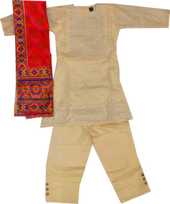 CLOTH ADDA Boys Festive & Party Kurta, Pyjama & Dupatta Set(Beige Pack of 1)