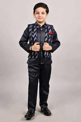 HouseOfCommon Boys Festive & Party Kurta, Waistcoat and Pyjama Set(Blue Pack of 1)
