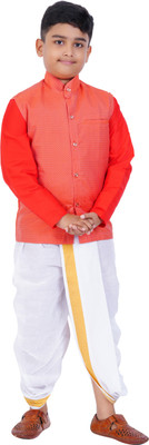 SKV ETHNIVERSE Boys Festive & Party Ethnic Jacket, Kurta and Dhoti Pant Set(Orange Pack of 1)