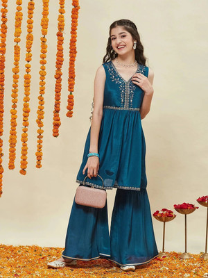 Curly Tales Girls Festive & Party Kurta and Sharara Set(Blue Pack of 1)