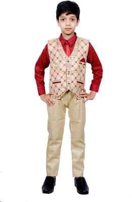 NVH Boys Festive & Party Shirt, Waistcoat and Pant Set(Brown Pack of 1)