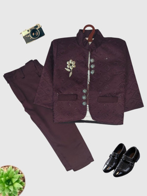 Kavya Creations Boys Festive & Party, Wedding Blazer, Shirt and Trouser Set(Maroon Pack of 1)