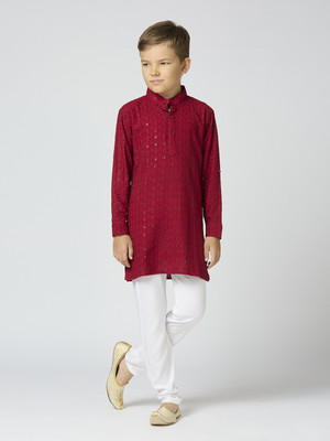 Tasrika Baby Boys Festive & Party Kurta, Waistcoat and Pyjama Set(Maroon Pack of 1)