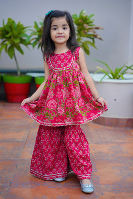 MIMI CLOTHINGS Girls Festive & Party Kurta and Sharara Set(Red Pack of 2)