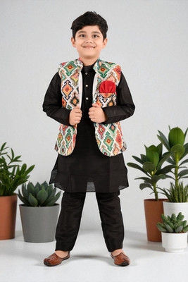new gen Boys Casual, Festive & Party, Wedding Kurta, Waistcoat and Pyjama Set(Black Pack of 1)