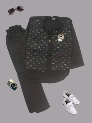 Kavya Creations Boys Festive & Party, Wedding Kurta, Waistcoat and Pyjama Set(Black Pack of 1)