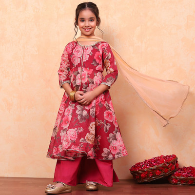 BIBA Girls Casual Kurta and Palazzo Set(Pink Pack of 1)