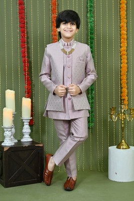 AHHAAAA Boys Festive & Party Kurta, Waistcoat and Breeches Set(Pink Pack of 1)