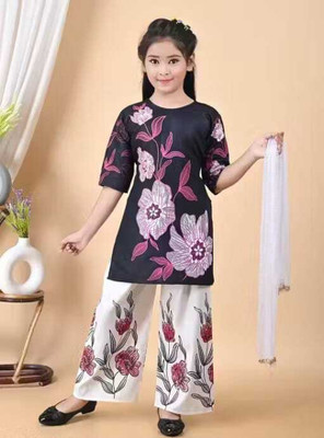 GESICA FASHION Baby Girls Casual Kurti, Patiala and Dupatta Set(Black Pack of 1)