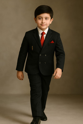 little boys Boys Festive & Party, Wedding Blazer, Shirt and Trouser Set(Black Pack of 1)