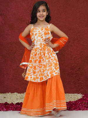 AJ Dezines Girls Festive & Party Kurta and Churidar Set(Orange Pack of 1)