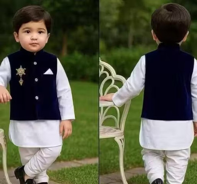 NDress Fashion Baby Boys Festive & Party Kurta, Waistcoat and Pyjama Set(Blue Pack of 1)