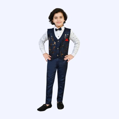 Prabhuratan Boys Festive & Party, Wedding Shirt, Waistcoat and Pant Set(Dark Blue Pack of 1)