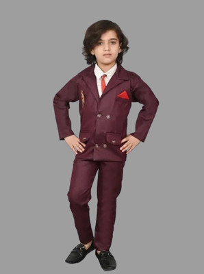 Adinath Collection Boys Casual Shirt, Waistcoat and Pant Set(Maroon Pack of 1)