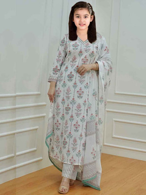Mitukart Girls Casual Kurta and Dupatta Set(White Pack of 1)