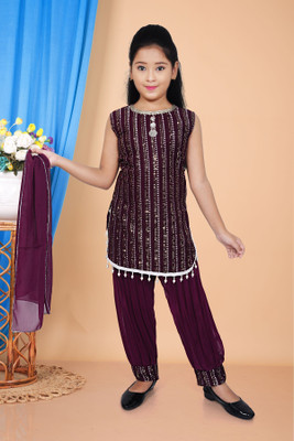 SK Fashions Girls Festive & Party Kurti, Patiala and Dupatta Set(Purple Pack of 1)